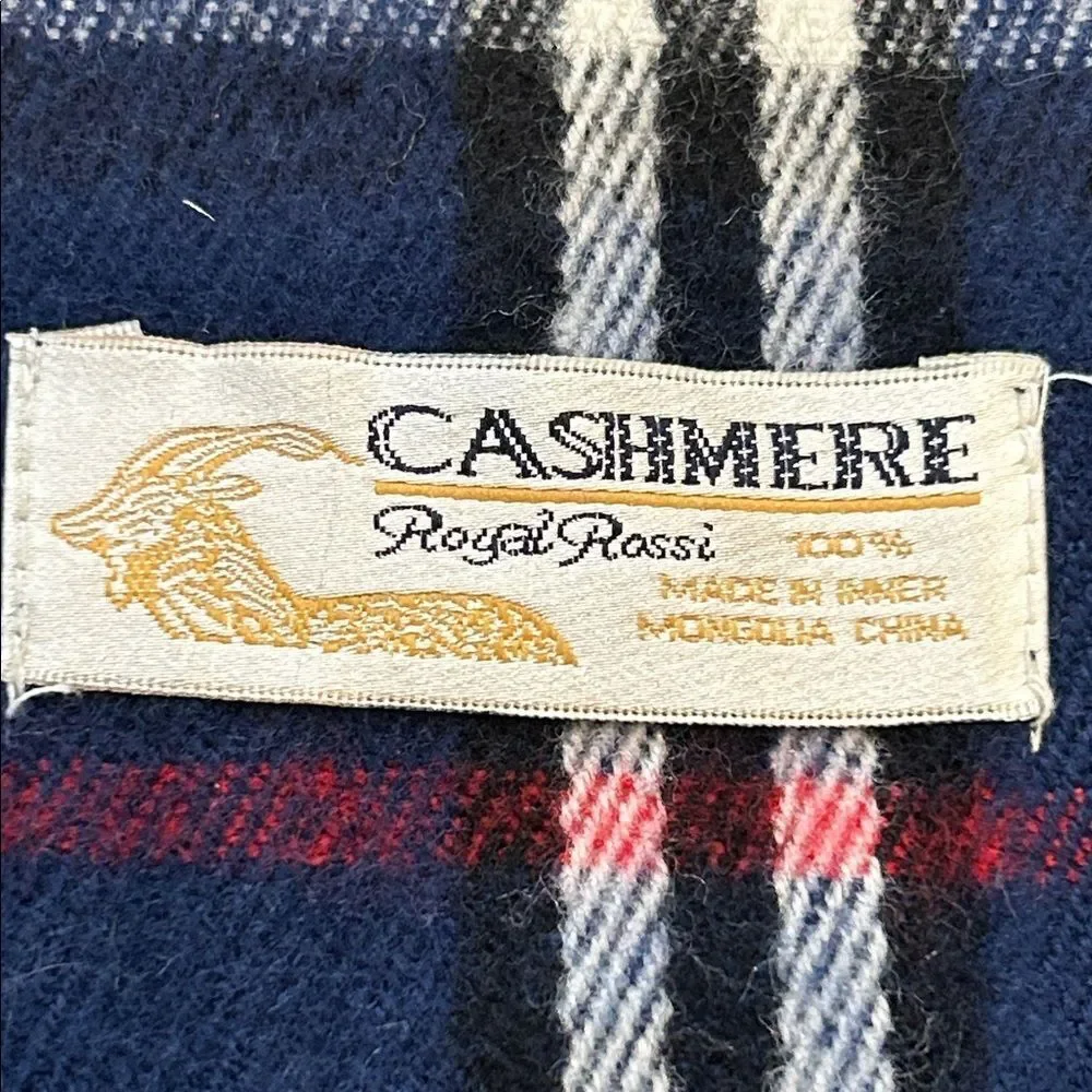 Cashmere Plaid Fringe Scarf in Navy and Red 100% Kashmir by Royal Rossi